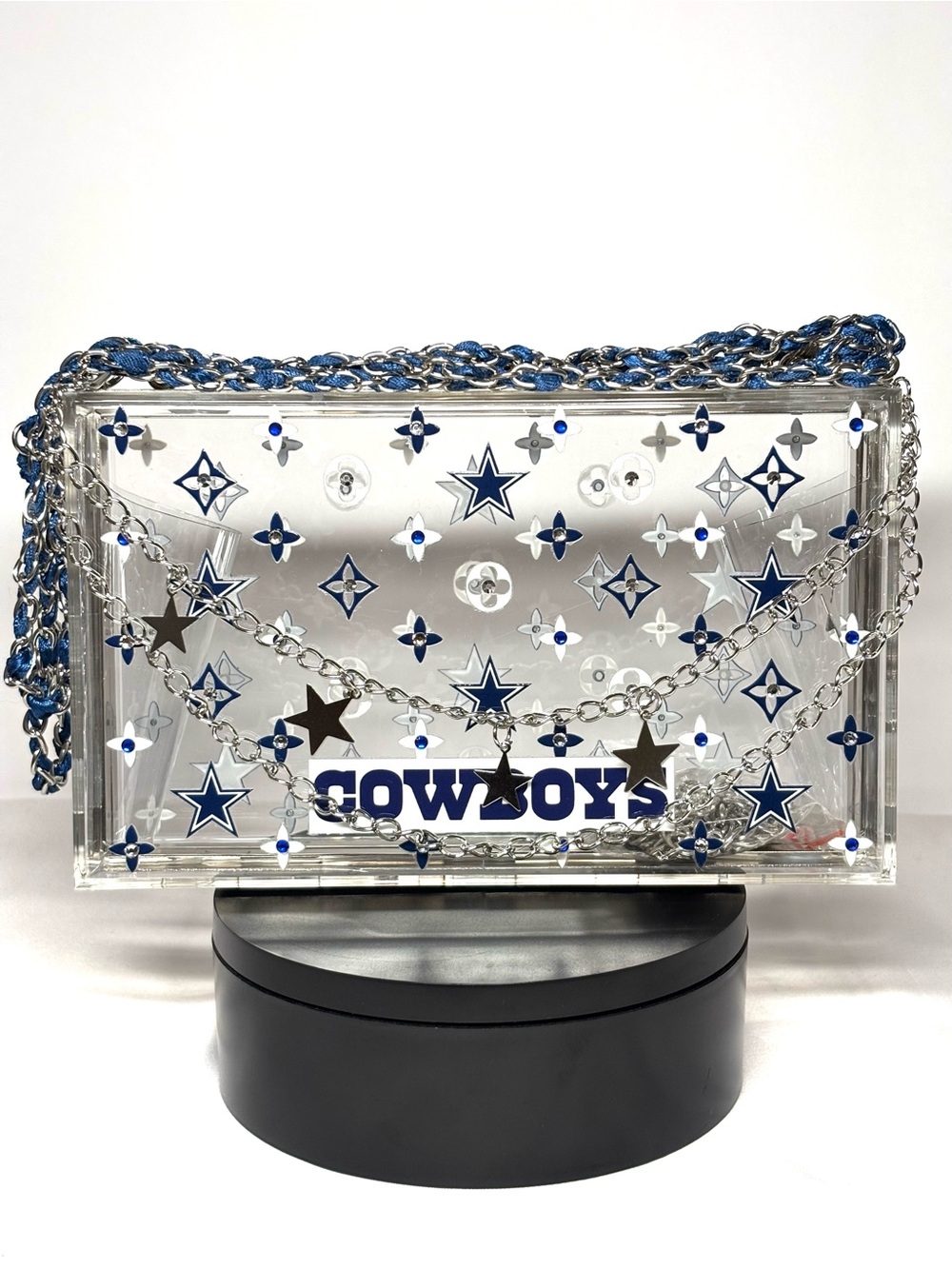 Cowboys pattern double sided clear acrylic clutch with rhinestones